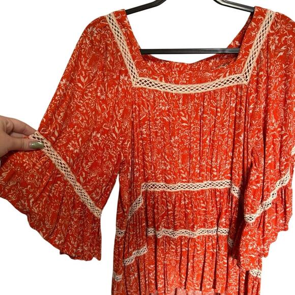 Free People Talk About It Tunic Top Bell Sleeves Orange Floral Size Medium - Picture 5 of 12